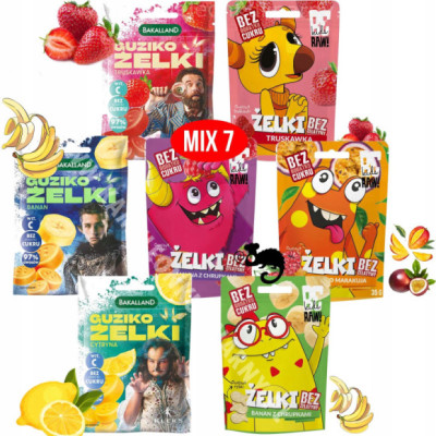 7x ŻELKI GUZIKOŻELKI bez cukru MIX smaków MALINA TRUSKA BANAN MANGO CYTRYNA