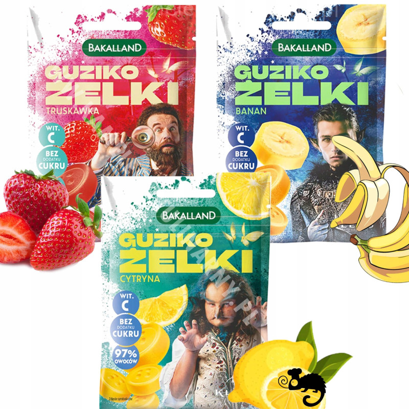 7x ŻELKI GUZIKOŻELKI bez cukru MIX smaków MALINA TRUSKA BANAN MANGO CYTRYNA