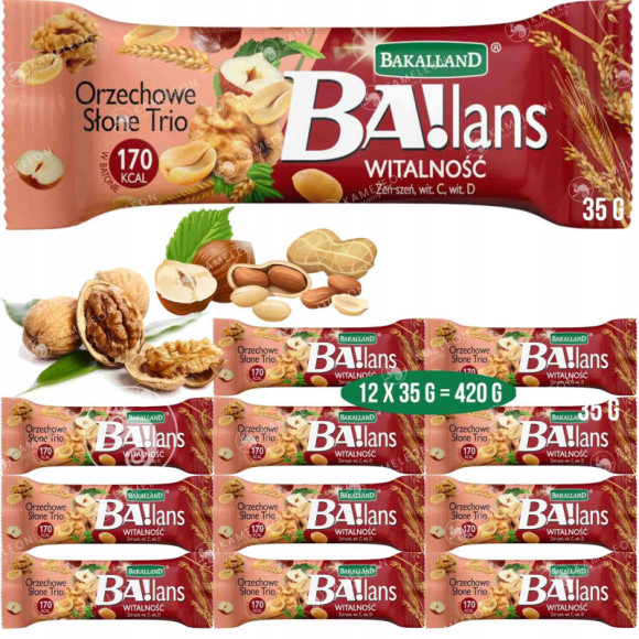 BA!LANS BATON zbożowy WITALNOŚĆ orzechowe słone trio 12sztuk 420g BAKALLAND BA!LANS BATON zbożowy WITALNOŚĆ orzechowe słone trio 12sztuk 420g BAKALLAND