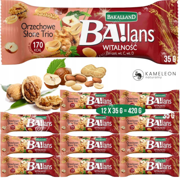BA!LANS BATON zbożowy WITALNOŚĆ orzechowe słone trio 12sztuk 420g BAKALLAND BA!LANS BATON zbożowy WITALNOŚĆ orzechowe słone trio 12sztuk 420g BAKALLAND