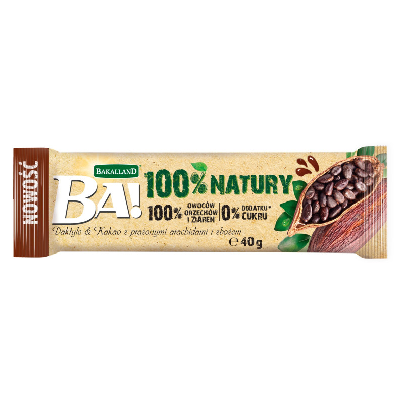 Bakalland BATON BATONIK BA! bez dodatku cukru DAKTYLE KAKAO ZBOŻA 40g 1szt