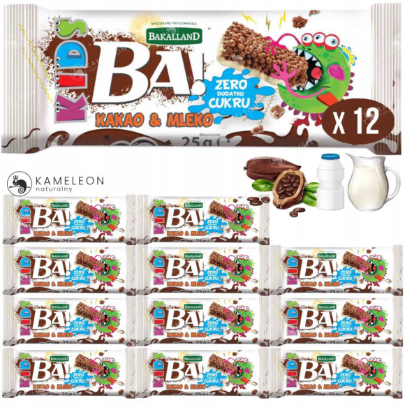 BAKALLAND BATON BATONIK BA! KIDS bez cukru KAKO I MLEKO 25g x12 300g 0,3KG BAKALLAND BATON BATONIK BA! KIDS bez cukru KAKO I MLEKO 25g x12 300g 0,3KG