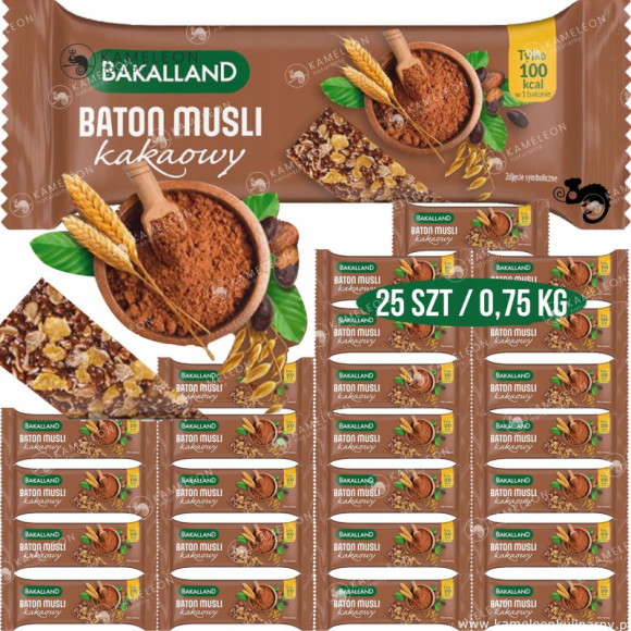 Bakalland BATON Zbożowy MUSLI KAKAOWY 100kcal 30G x25 750g aż 0,75KG Bakalland BATON Zbożowy MUSLI KAKAOWY 100kcal 30G x25 750g aż 0,75KG