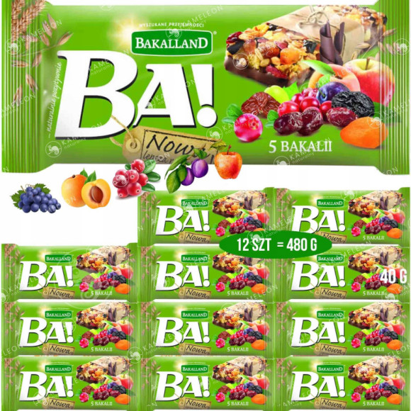 BATON BA! 5 BAKALII 12 sztuk 480g BAKALLAND żurawina rodzynki morela jabłko BATON BA! 5 BAKALII 12 sztuk 480g BAKALLAND żurawina rodzynki morela jabłko
