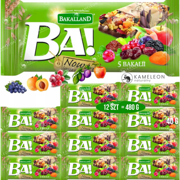BATON BA! 5 BAKALII 12 sztuk 480g BAKALLAND żurawina rodzynki morela jabłko BATON BA! 5 BAKALII 12 sztuk 480g BAKALLAND żurawina rodzynki morela jabłko