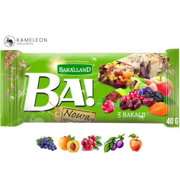 BATON BA! 5 BAKALII 12 sztuk 480g BAKALLAND żurawina rodzynki morela jabłko BATON BA! 5 BAKALII 12 sztuk 480g BAKALLAND żurawina rodzynki morela jabłko