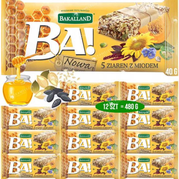 Baton BA! 5 ZIAREN z MIODEM 12sztuk 480g BAKALLAND amarantus siemię sezam Baton BA! 5 ZIAREN z MIODEM 12sztuk 480g BAKALLAND amarantus siemię sezam