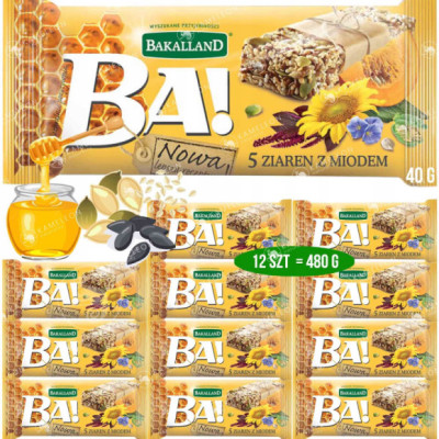 Baton BA! 5 ZIAREN z MIODEM 12sztuk 480g BAKALLAND amarantus siemię sezam