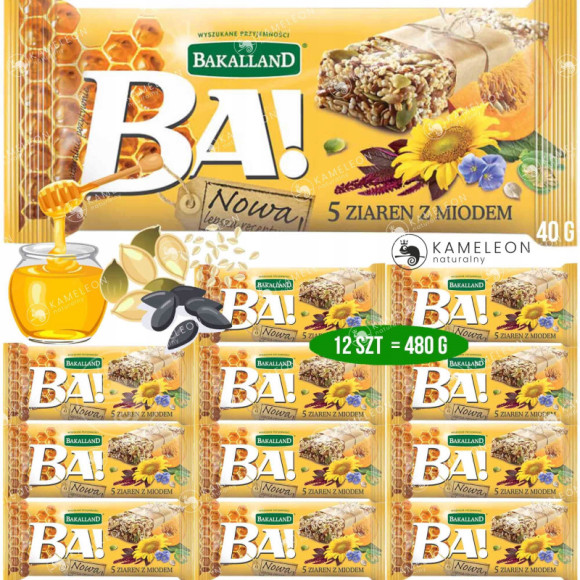 Baton BA! 5 ZIAREN z MIODEM 12sztuk 480g BAKALLAND amarantus siemię sezam Baton BA! 5 ZIAREN z MIODEM 12sztuk 480g BAKALLAND amarantus siemię sezam