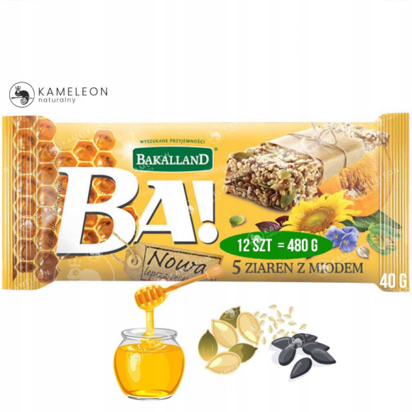Baton BA! 5 ZIAREN z MIODEM 12sztuk 480g BAKALLAND amarantus siemię sezam Baton BA! 5 ZIAREN z MIODEM 12sztuk 480g BAKALLAND amarantus siemię sezam