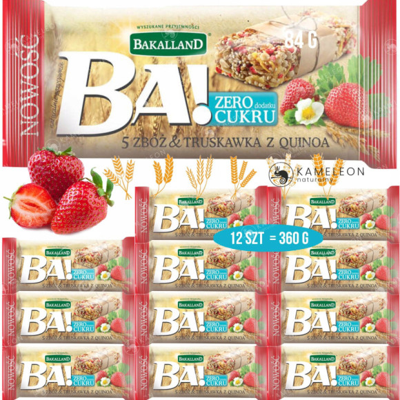 BATON BA! TRUSKAWKA & QUINOA 12 sztuk 360g BAKALLAND zawiera inulinę
