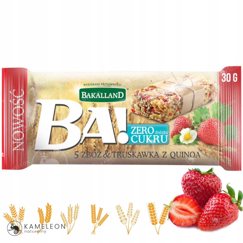 BATON BA! TRUSKAWKA & QUINOA 12 sztuk 360g BAKALLAND zawiera inulinę