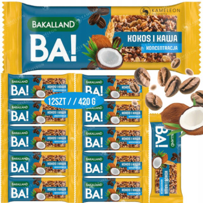 Baton Ba! Zbożowy Zdrowy KONCENTRACJA KOKOS i KAWA 12 sztuk 420g BAKALLAND