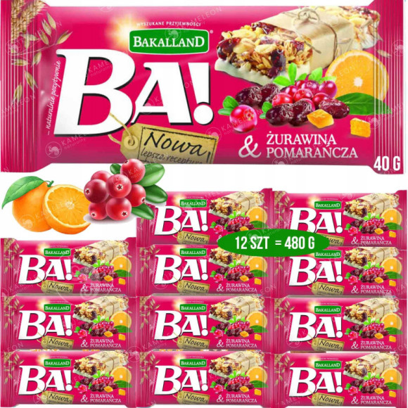 BATON Ba! ŻURAWINA & POMARAŃCZA jogurtowa polewa 12sztuk 480g BAKALLAND BATON Ba! ŻURAWINA & POMARAŃCZA jogurtowa polewa 12sztuk 480g BAKALLAND