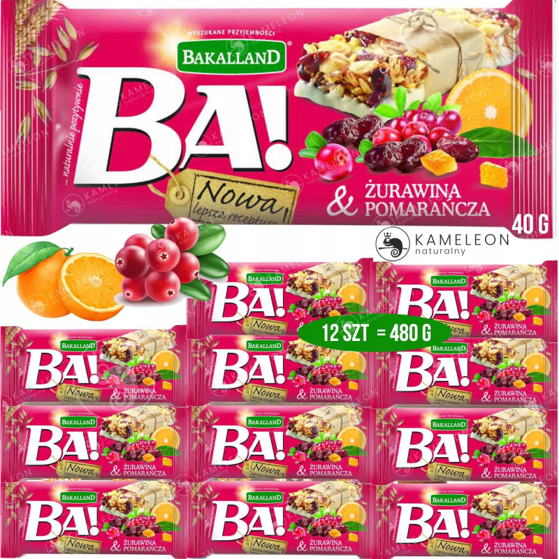 BATON Ba! ŻURAWINA & POMARAŃCZA jogurtowa polewa 12sztuk 480g BAKALLAND