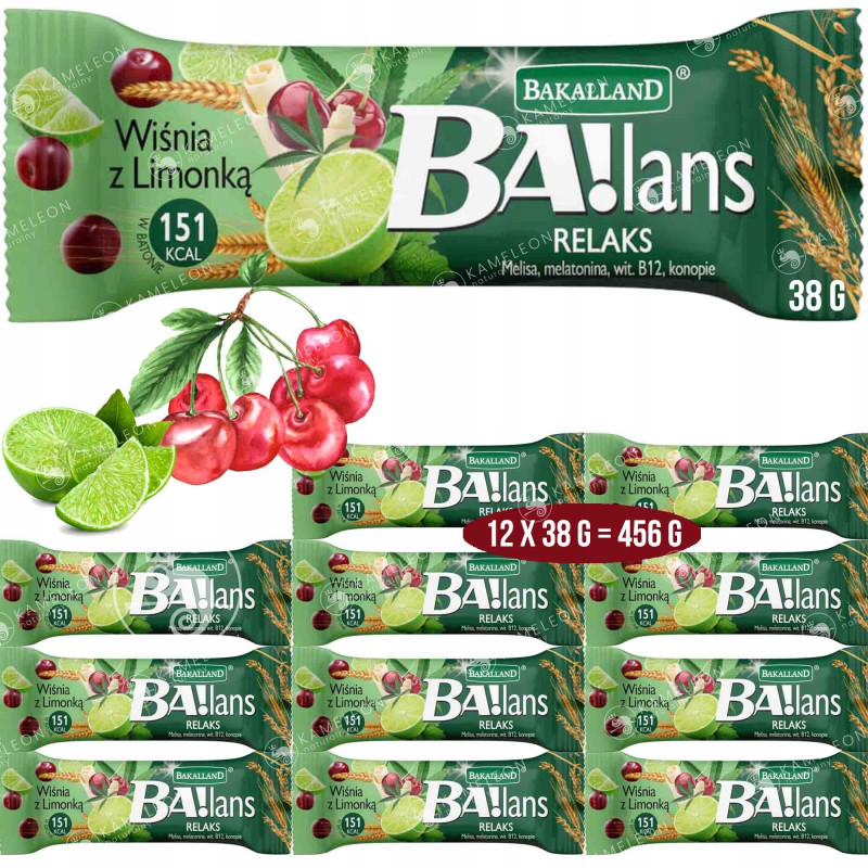 BATON BA!LANS RELAKS wiśnia + limonka + biała czekolada 12x38g BAKALLAND