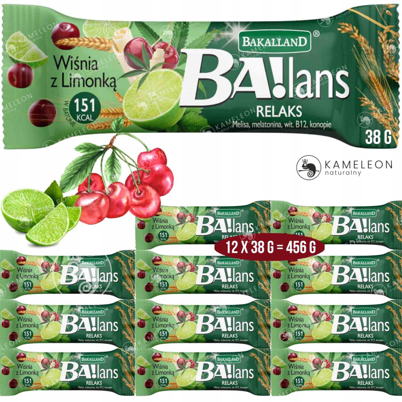 BATON BA!LANS RELAKS wiśnia + limonka + biała czekolada 12x38g BAKALLAND