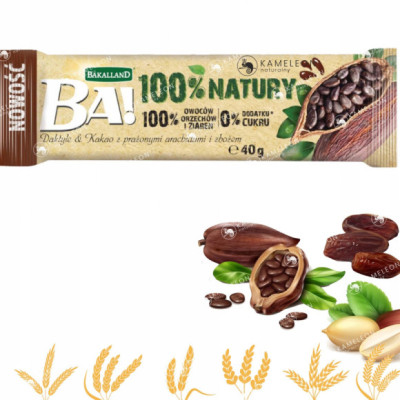 BATON batonik bez cukru BA! 100% NATURY DAKTYLE KAKAO ZBOŻA 40g Bakalland