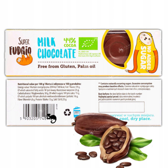 BATON CZEKOLADA MLECZNA 44% BEZ CUKRU GLUTENU OLEJU PALM. 40g Super FUDGIO BATON CZEKOLADA MLECZNA 44% BEZ CUKRU GLUTENU OLEJU PALM. 40g Super FUDGIO