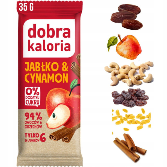 BATON JABŁKO & CYNAMON 35g WEGE 6 składników BEZ CUKRU DOBRA KALORIA BATON JABŁKO & CYNAMON 35g WEGE 6 składników BEZ CUKRU DOBRA KALORIA