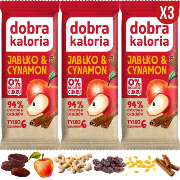 BATON JABŁKO & CYNAMON 3x35g 105g WEGE 6 składników BEZ CUKRU DOBRA KALORIA BATON JABŁKO & CYNAMON 3x35g 105g WEGE 6 składników BEZ CUKRU DOBRA KALORIA