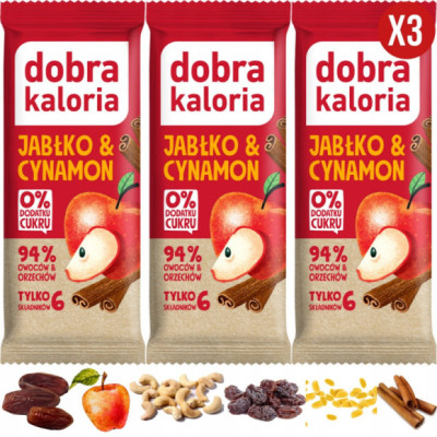 BATON JABŁKO & CYNAMON 3x35g 105g WEGE 6 składników BEZ CUKRU DOBRA KALORIA