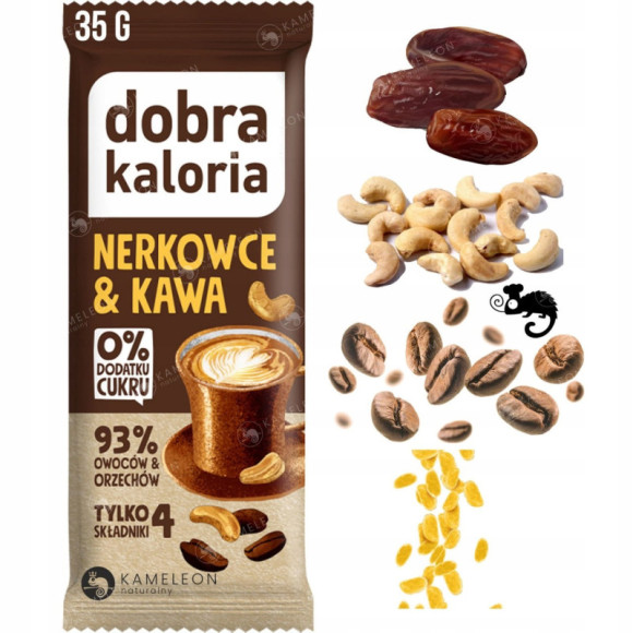 BATON NERKOWCE & KAWA 35g WEGE PRZEKĄSKA BEZ CUKRU 5 składnik DOBRA KALORIA BATON NERKOWCE & KAWA 35g WEGE PRZEKĄSKA BEZ CUKRU 5 składnik DOBRA KALORIA