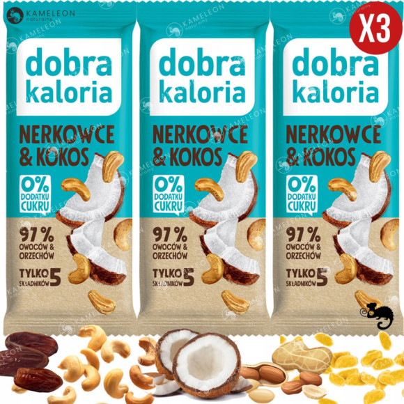 BATON WEGAŃSKI NERKOWCE & KOKOS bez cukru DOBRA KALORIA 35G x10 0,35KG BATON WEGAŃSKI NERKOWCE & KOKOS bez cukru DOBRA KALORIA 35G x10 0,35KG