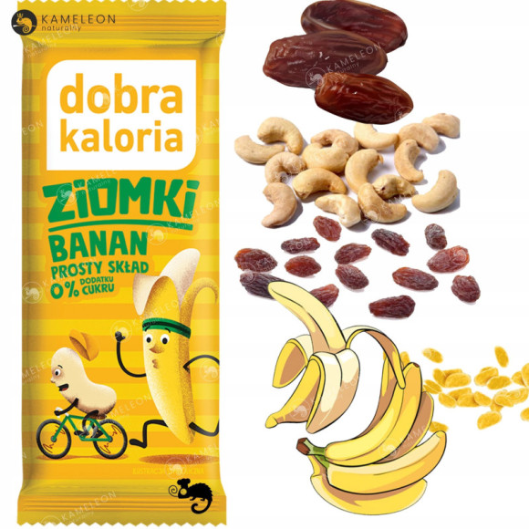 BATON WEGAŃSKI ZIOMKI 32g BANAN ORZECHY NERKOWCA bez cukru DOBRA KALORIA BATON WEGAŃSKI ZIOMKI 32g BANAN ORZECHY NERKOWCA bez cukru DOBRA KALORIA