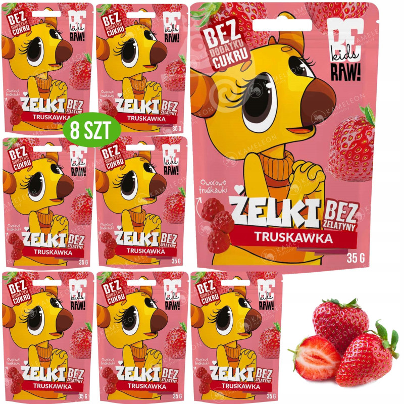 BE RAW KIDS wegańskie żelki TRUSKAWKA TRUSKAWKOWE bez cukru żelatyny x8