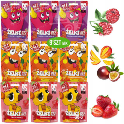 BE RAW KIDS zdrowe ŻELKI bez cukru MIX 3 SMAKÓW Malina Truskawka Mango 9szt