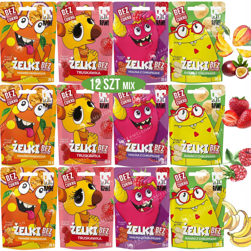 BE RAW KIDS zdrowe ŻELKI BEZ CUKRU ŻELATYNY mix 4 smaków 12szt x35g 0,42KG