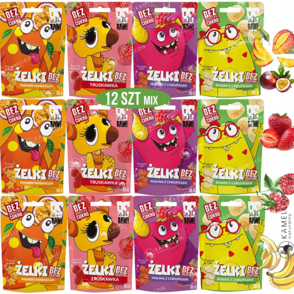 BE RAW KIDS zdrowe ŻELKI BEZ CUKRU ŻELATYNY mix 4 smaków 12szt x35g 0,42KG BE RAW KIDS zdrowe ŻELKI BEZ CUKRU ŻELATYNY mix 4 smaków 12szt x35g 0,42KG