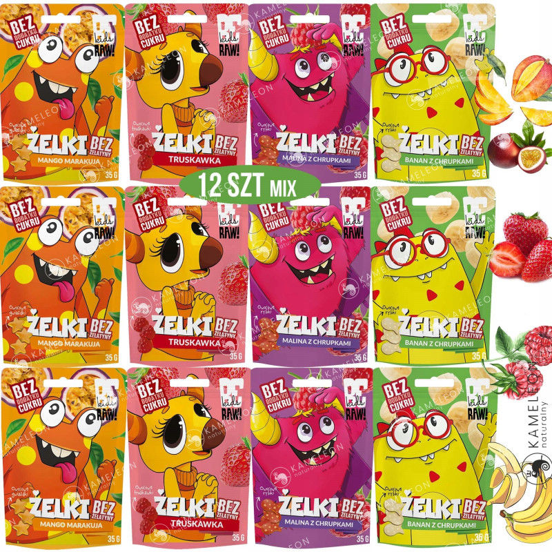 BE RAW KIDS zdrowe ŻELKI BEZ CUKRU ŻELATYNY mix 4 smaków 12szt x35g 0,42KG