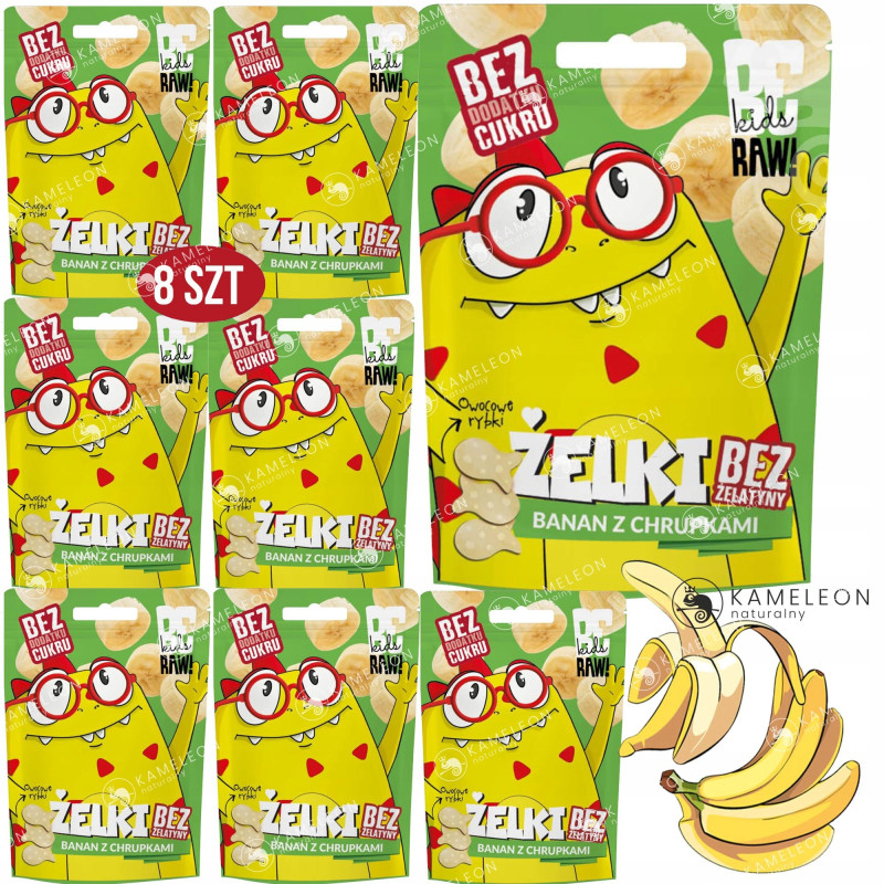 BE RAW KIDS żelki BANAN Z CHRUPKAMI bez cukru i żelatyny 8szt x35g 0,28KG
