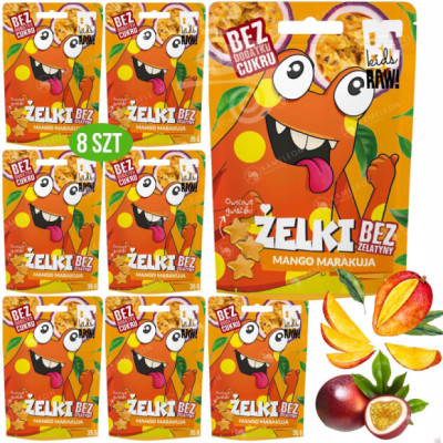 BE RAW KIDS żelki OWOCOWE MANGO MARAKUJA BEZ CUKRU ŻELATYNY 8 x35g 0,82KG