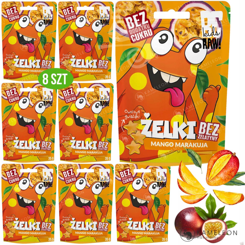 BE RAW KIDS żelki OWOCOWE MANGO MARAKUJA BEZ CUKRU ŻELATYNY 8 x35g 0,82KG