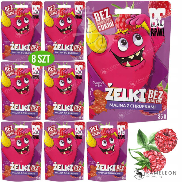 BE RAW KIDS zdrowe żelki MALINA z CHRUPKAMI bez cukru żelatyny 35g x8 0,28KG BE RAW KIDS zdrowe żelki MALINA z CHRUPKAMI bez cukru żelatyny 35g x8 0,28KG