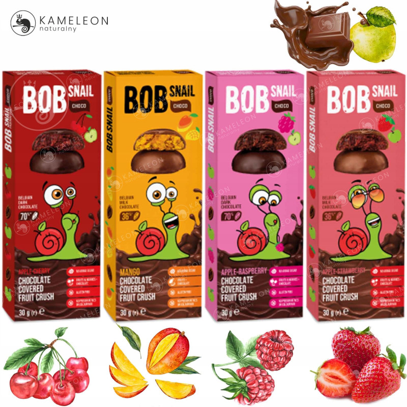 BOB SNAIL CHOCO Kids PRZEKĄSKA OWOCOWA W CZEKOLADZIE 30G 4szt MIX SMAKÓW