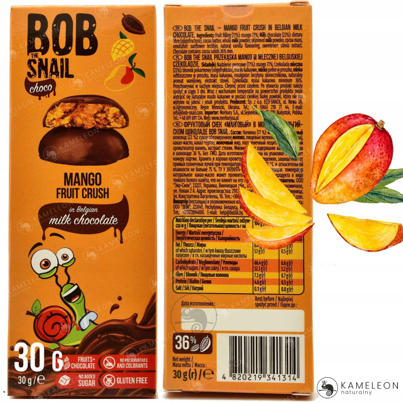 BOB SNAIL CHOCO Kids PRZEKĄSKA OWOCOWA W CZEKOLADZIE 30G 4szt MIX SMAKÓW