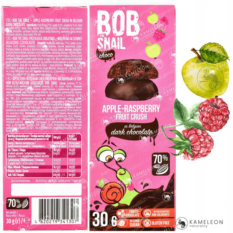 BOB SNAIL CHOCO Kids PRZEKĄSKA OWOCOWA W CZEKOLADZIE 30G 4szt MIX SMAKÓW