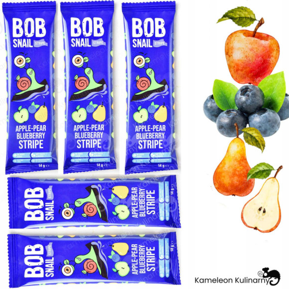 BOB SNAIL PRZEKĄSKA OWOCOWA bez dodatku cukru JABŁKO-GRUSZKA-BORÓWKA 14g x5 BOB SNAIL PRZEKĄSKA OWOCOWA bez dodatku cukru JABŁKO-GRUSZKA-BORÓWKA 14g x5