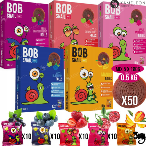 BOBSNAIL przekąska MANGO MALINA BORÓWKA TRUSKAWKA PORZECZKA 100g x5 0,5KG BOBSNAIL przekąska MANGO MALINA BORÓWKA TRUSKAWKA PORZECZKA 100g x5 0,5KG