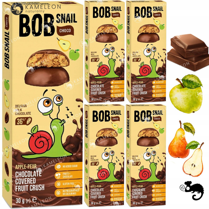 BOBSNAIL PRZEKĄSKA OWOC bc W BELGIJSKIEJ CZEKOLADZIE JABŁKO GRUSZKA 30g x5