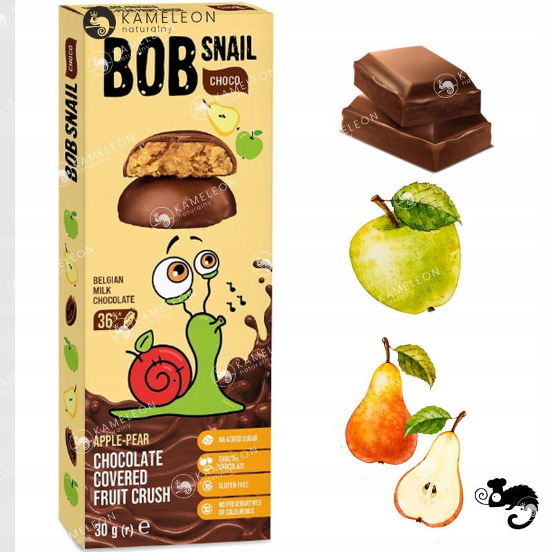 BOBSNAIL PRZEKĄSKA OWOC bc W BELGIJSKIEJ CZEKOLADZIE JABŁKO GRUSZKA 30g x5