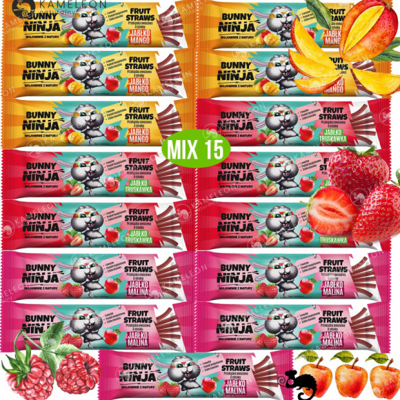 BUNNY NINJA przekąska owocowa MIX SMAKÓW LISTKI Mango Malina Truskawka x15 BUNNY NINJA przekąska owocowa MIX SMAKÓW LISTKI Mango Malina Truskawka x15