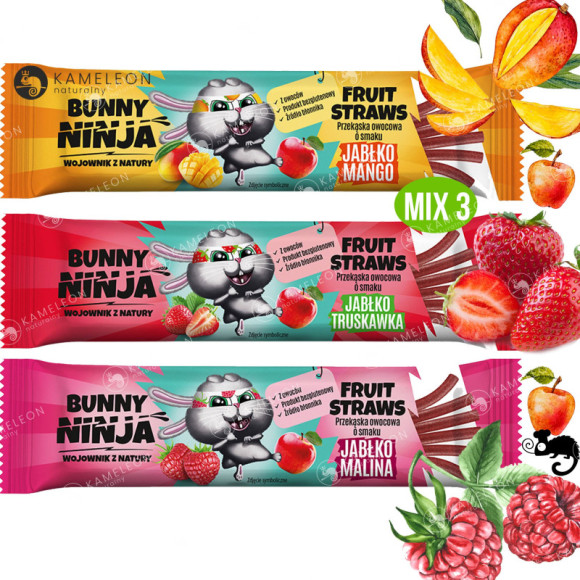 BUNNY NINJA przekąska owocowa MIX SMAKÓW LISTKI Mango Malina Truskawka x15 BUNNY NINJA przekąska owocowa MIX SMAKÓW LISTKI Mango Malina Truskawka x15