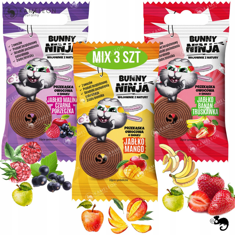 BUNNY NINJA przekąska owocowa MIX SMAKÓW Truskawka Mango Porzeczka x15 225G