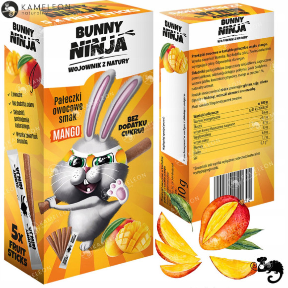 BUNNY NINJA przekąska PAŁECZKI OWOCOWE 5szt bez dodatk cukru smak MANGO 50G BUNNY NINJA przekąska PAŁECZKI OWOCOWE 5szt bez dodatk cukru smak MANGO 50G