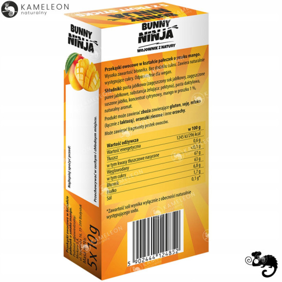 BUNNY NINJA przekąska PAŁECZKI OWOCOWE 5szt bez dodatk cukru smak MANGO 50G BUNNY NINJA przekąska PAŁECZKI OWOCOWE 5szt bez dodatk cukru smak MANGO 50G